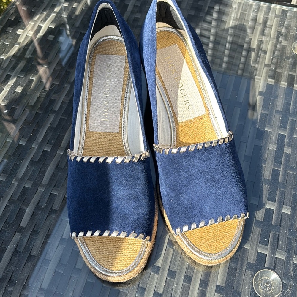 Jack Rogers‎ Palmer Navy Suede Open Toe Wedge sz 9.5